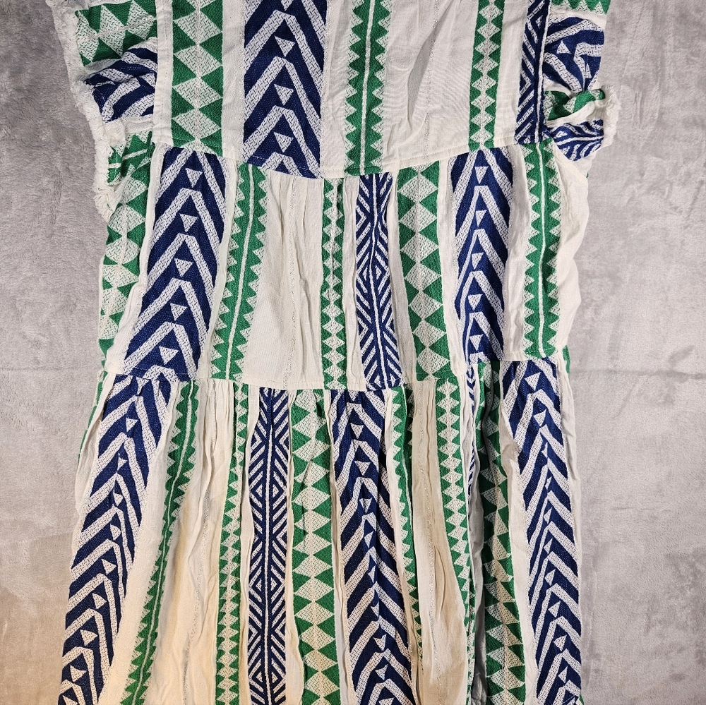 THML Flutter Fringe Sleeve Square Neck Chevron Print Blue Green Dress Size M - Picture 6 of 14